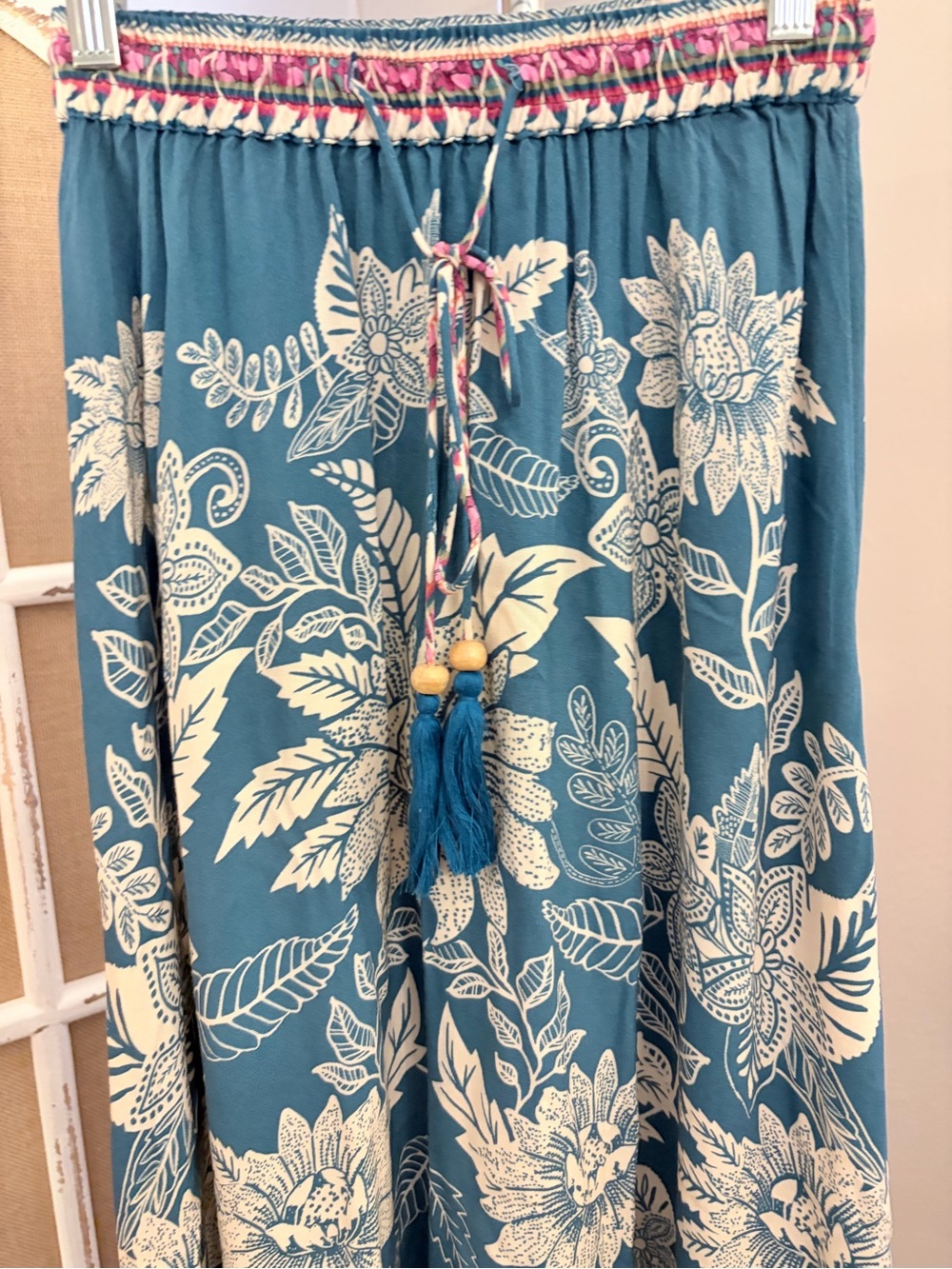 Natural Life Teal Floral Boho Maxi Skirt Tassel Drawstring XS - Picture 2 of 10